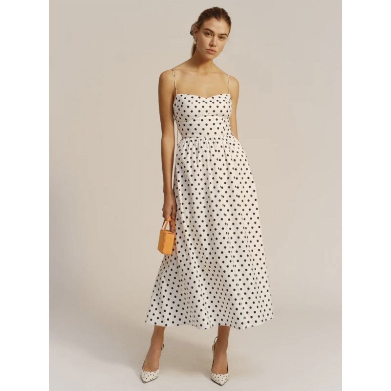 Women Midi Dress White Straps Neck Pleated Polka Dot Beach Dress Summer