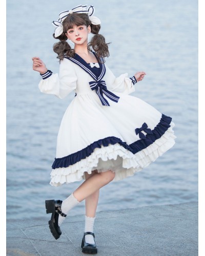Sweet Lolita Dress Polyester Long Sleeves Ruffles Navy Style Dress