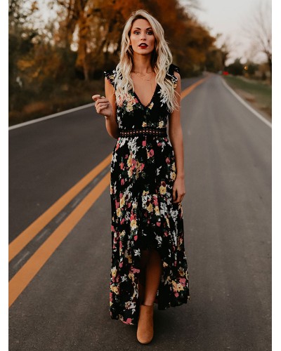 Floral Print Dress V Neck Backless High Low Split Long Summer Dress Maxi Beach
