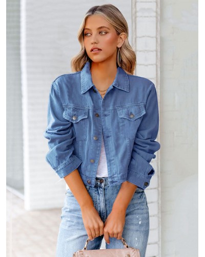 Women Jacket Turndown Collar Buttons Denim Outerwear Cowboy Casual Street Wear Daily Casual