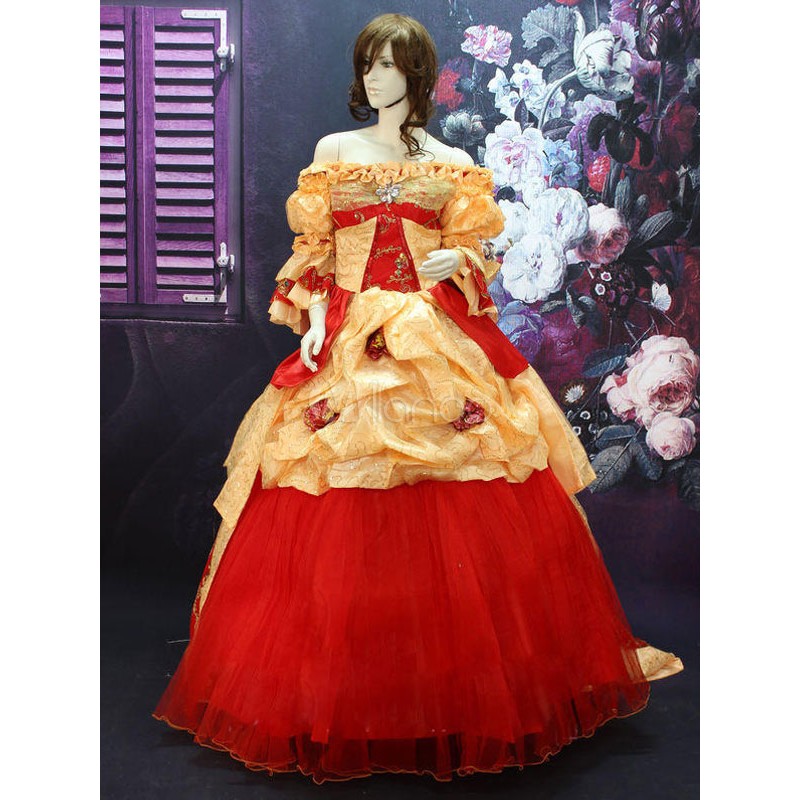 Rococo Multicolor Off The Shoulder Court Ruffles Dress Synthetic Costume ROCOCO Halloween Holiday Pageant