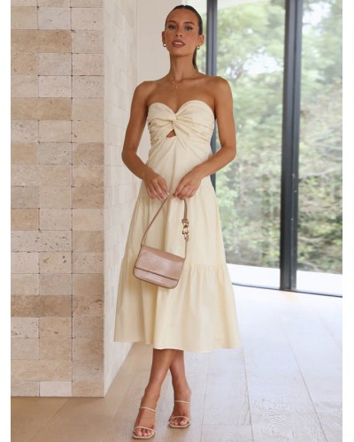 Midi Dress Pink Strapless Cut Out Dress Summer Beach Resort Wear
