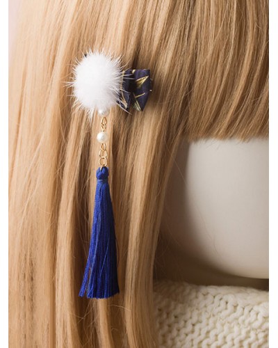 Sweet Lolita Hairpin Pom Pom Pearl Tassel Bow Blue Lolita Hair Accessory Accessories Daily Casual Tea Party