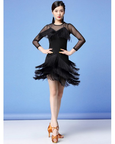 Women Dance Costumes Latin Dresses Fringe Layered Sheer Dress Dancing Wears Outfits Carnival