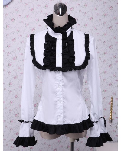 White Cotton Lolita Blouse Long Sleeves Black Ruffles Stand Collar Sweet