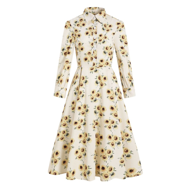Women 1950s Audrey Hepburn Style Retro Dress Turndown Collar Long Sleeves Long Floral Printed Swing Dress Vintage Daily Casual
