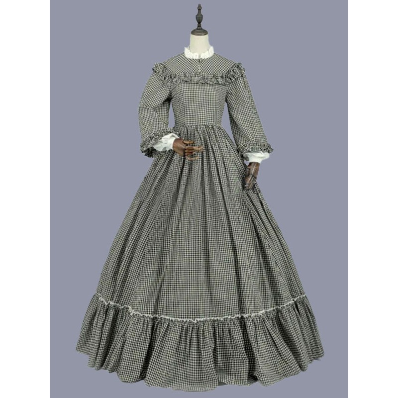 Women Black Costumes Ruffles Marie Antoinette Costume Polyester Plaid Dress 's Masquerade Ball Gown Tunic Retro