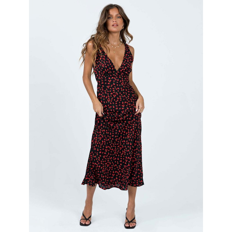 Summer Dresses Black V-Neck Floral Print Beach Dress Maxi Street Wear Resort Wear