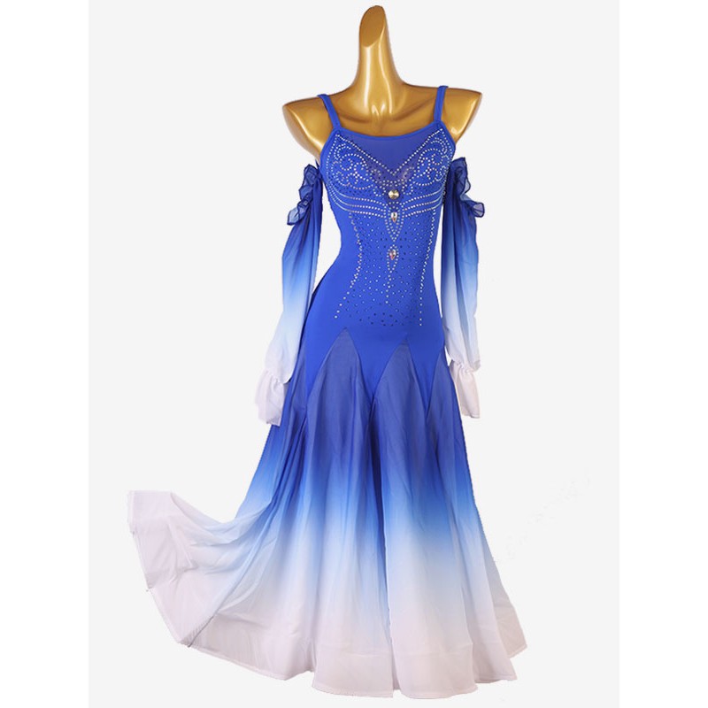 Room Dance Costumes Royal Blue Women's Elegant Lycra Spandex Backless Rhinestones Dress Wear Dancing Holiday Ball