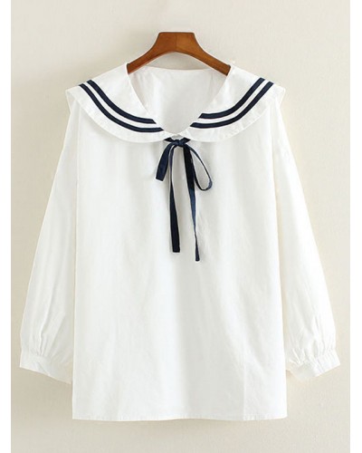 White Bow Stripes Cotton Lolita Shirt For Women Sweet Daily Casual