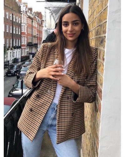 Women 's Blazer Chic Plaid Turndown Collar Buttons Long Sleeves Outerwear Tailored Jacket Spring Fall Street Wear Daily Casual