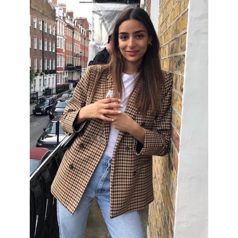 Women 's Blazer Chic Plaid Turndown Collar Buttons Long Sleeves Outerwear Tailored Jacket Spring Fall Street Wear Daily Casual