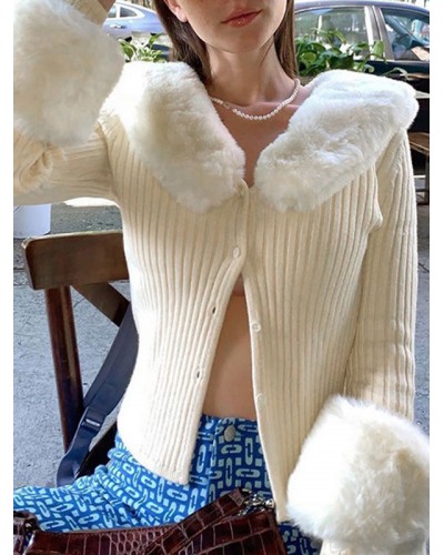 Sweaters Cardigans White Lycra Spandex Buttons Long Sleeves Turndown Collar Overcoat Casual