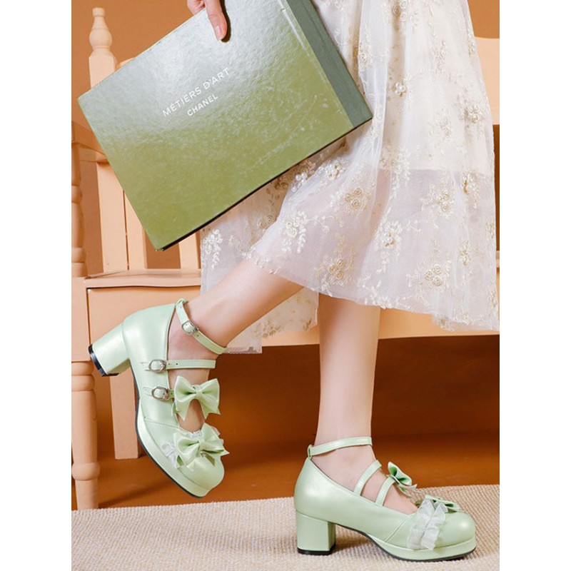 Sweet Lolita Footwear Light Green Bows Round Toe PU Leather Lolita Pumps