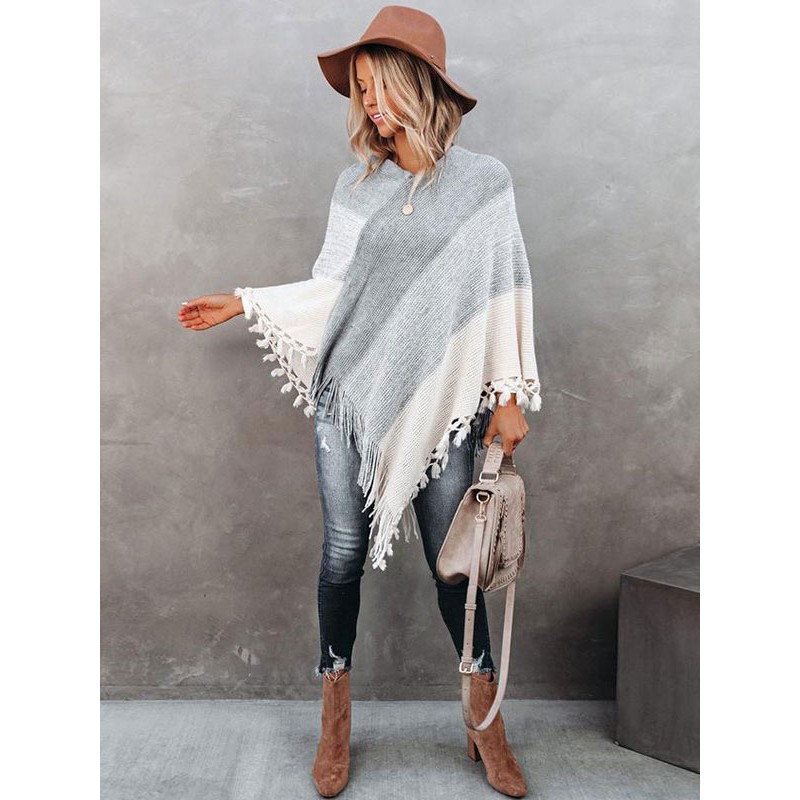 Women 's Poncho V-Neck Grey Layered Fringe Cape Spring Outerwear Casual Field