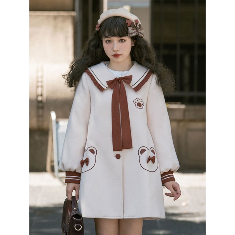 Lolita Coats Ecru White Bows Polyester Overcoat Coat Lolita Outwears Sweet Fall Winter