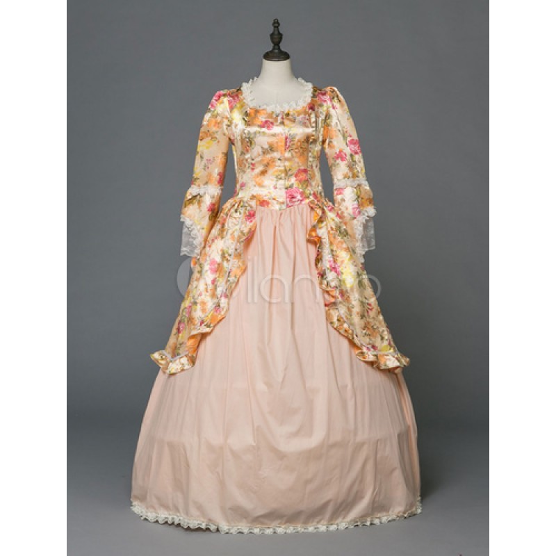 Women Retro Costume Halloween Rococo Victorian Dresses Floral Print Blonde Vintage Long Sleeve Ball Gowns Sets ROCOCO