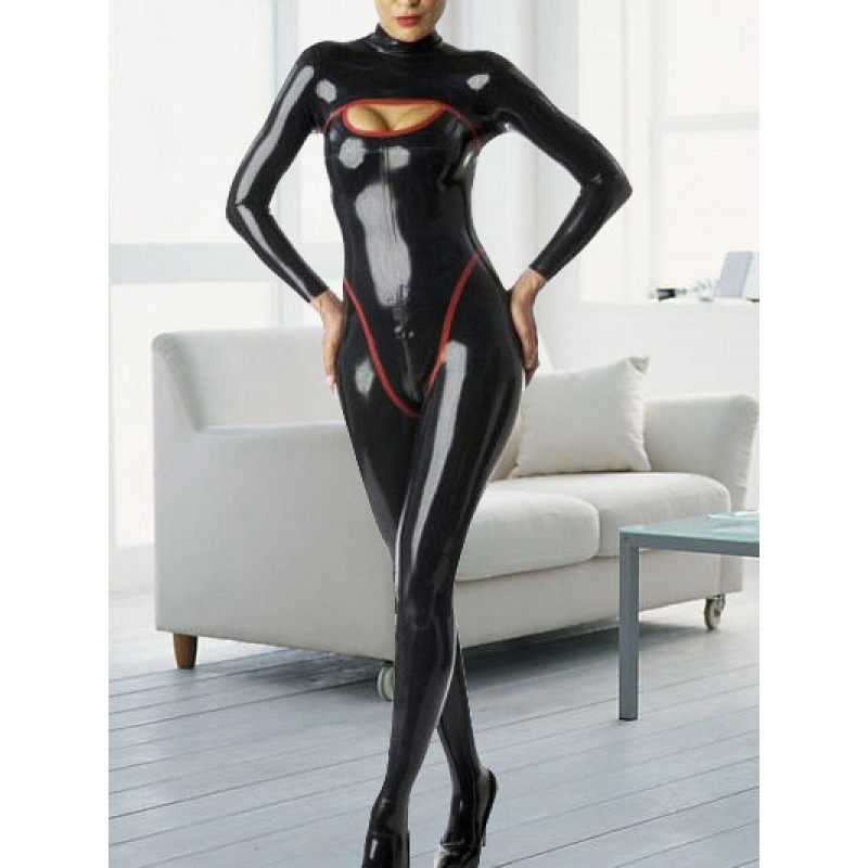 Unisex Sexy Latex Catsuit Black Long Sleeves Catwoman Bodysuit Halloween Costume Gimp Suit