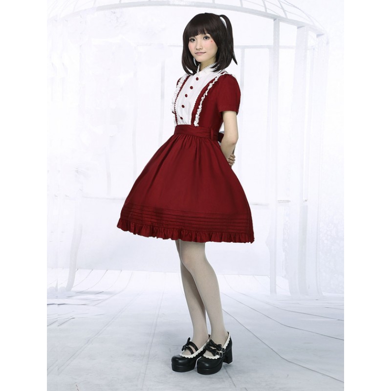 Dark Red Cotton Lolita One-piece Dress Short Sleeves Stand Collar Waist Belt Sweet Summer Daily Casual