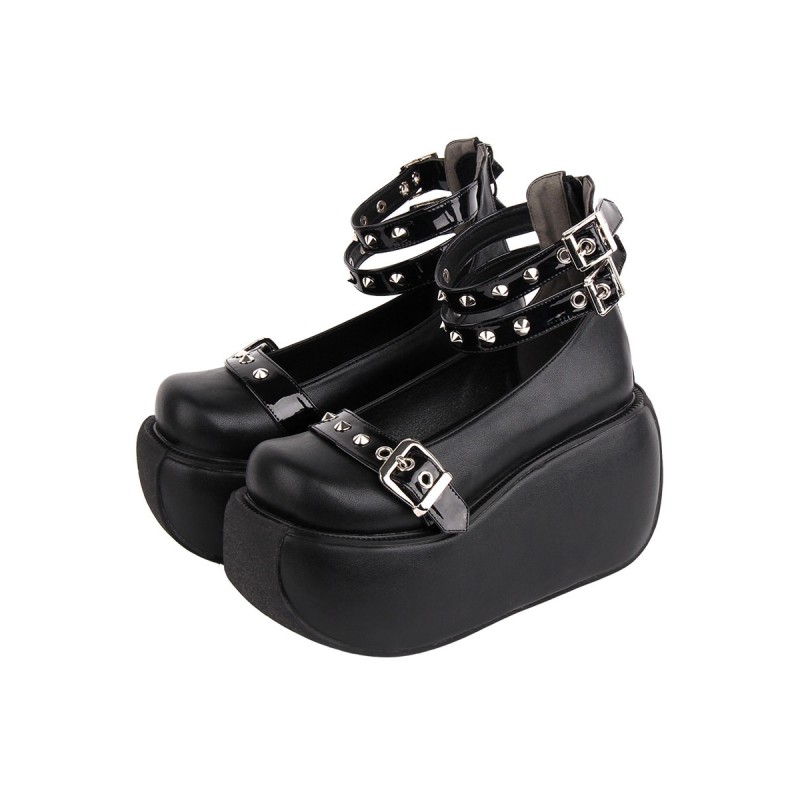 Gothic Lolita Footwear Black Rivets Round Toe PU Leather Lolita Pumps Shoes