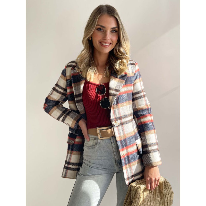 Blazer For Women Chic Plaid Turndown Collar Pockets Long Sleeves Outerwear Tailored Jacket Spring Fall Winter