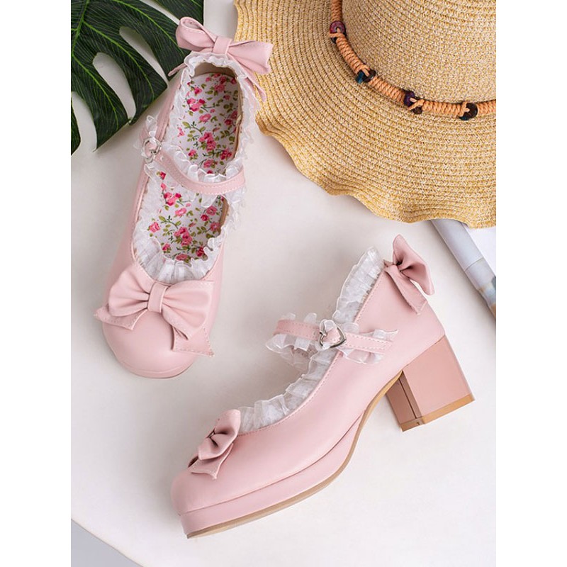 Sweet Lolita Footwear Pink Bows Leather Chunky Heel Lolita Pumps Daily Casual