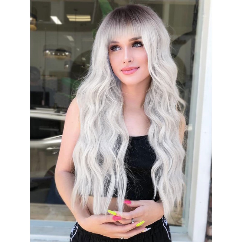 Long Wig For Woman Silver Curly Heat-resistant Fiber Layered Synthetic Wigs Casual