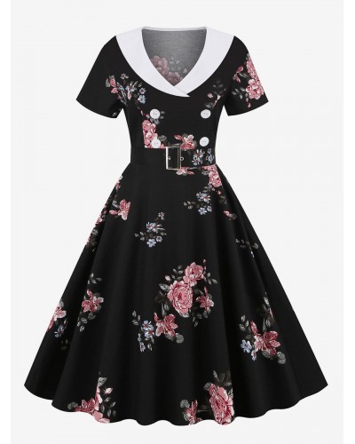 Dress 1950s Audrey Hepburn Style White Floral Print Layered Sash Short Sleeves V-Neck Swing Dress Vintage Daily Casual