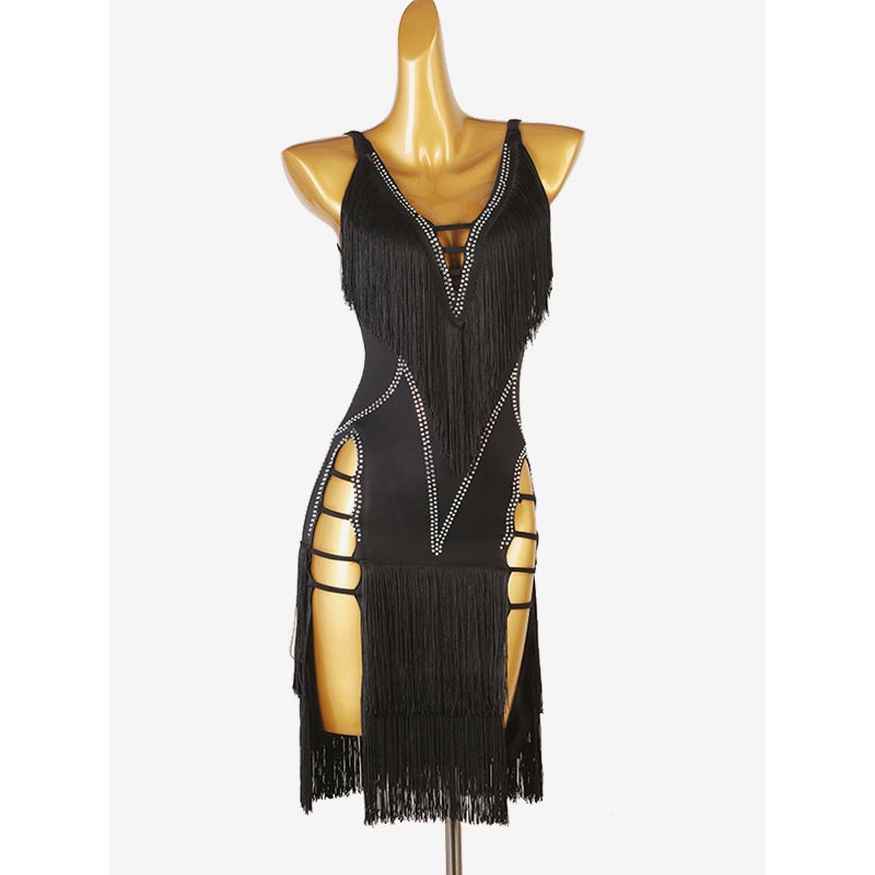 Latin Dance Costume Black Women's Rhinestones Fringe Backless Sexy Lycra Spandex Dress Costume Dancing Holiday Ball