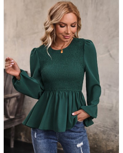 Women Shirt Dark Green Polyester Jewel Neck Pleated Long Sleeves Tops Elegant Daily Casual Office  Career