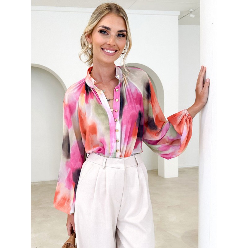 Women Floral Shirt V-Neck Stand Collar Long Sleeves Tops Casual Street Wear Daily Casual