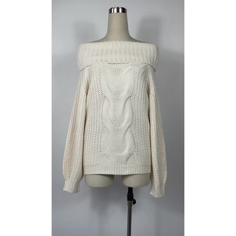Women Pullover Sweater Apricot Bateau Neck Long Sleeves Acrylic Sweaters Casual Spring Fall Winter