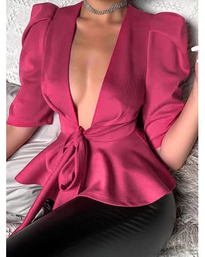 Blouse For Women Red V-Neck Half Sleeves Tops Sexy Casual Night Out Street Wear Dating