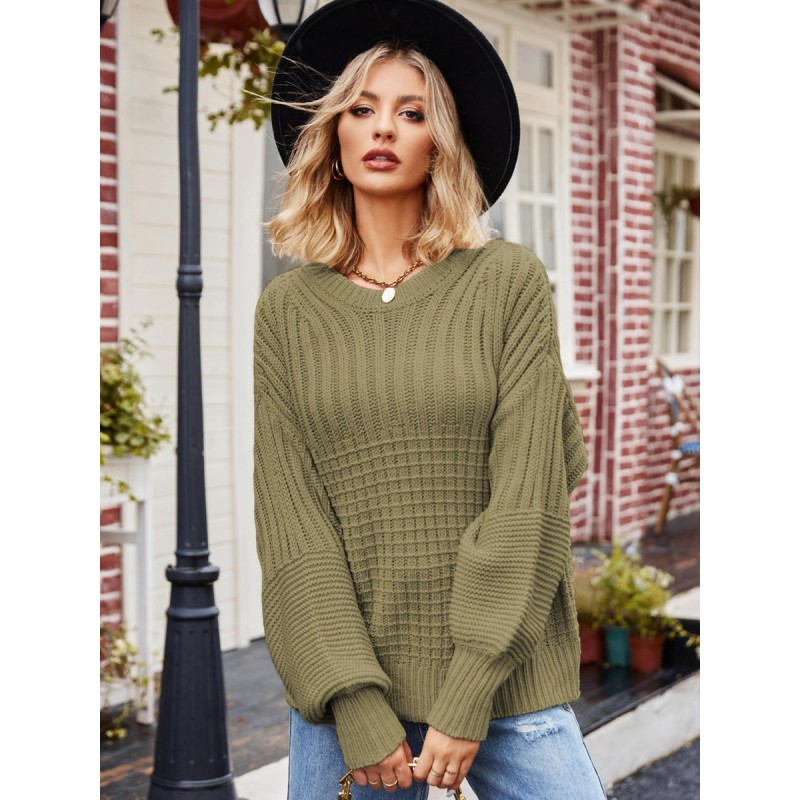 Women Pullovers Green Jewel Neck Long Sleeves Acrylic Sweaters Casual Fall Winter
