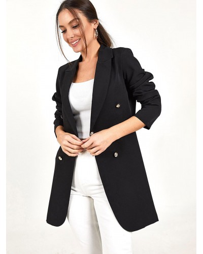 Women Long Blazer Jacket Black Solid Color Double Breasted Spring Fall Relaxed Outerwear Casual Street Wear Office  Career