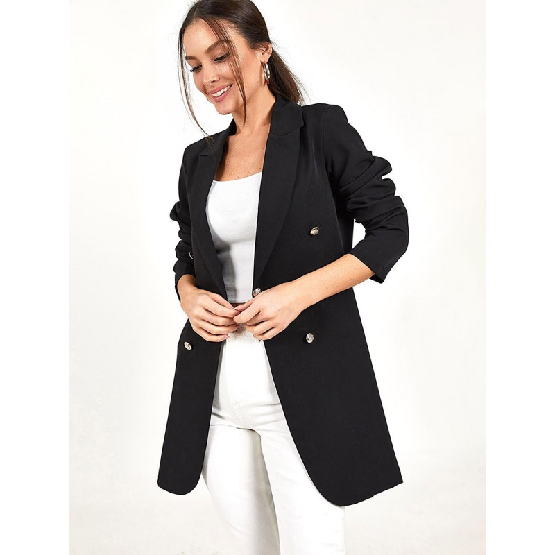 Women Long Blazer Jacket Black Solid Color Double Breasted Spring Fall Relaxed Outerwear Casual Street Wear Office  Career