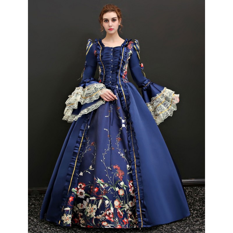 Women Victorian Dress Costume 's Racoco Dark Navy Princess Sissi 's Dark Navy Trumpet Long Sleeves Victorian Era Clothing With Hat Retro Costumes Halloween Sets ROCOCO