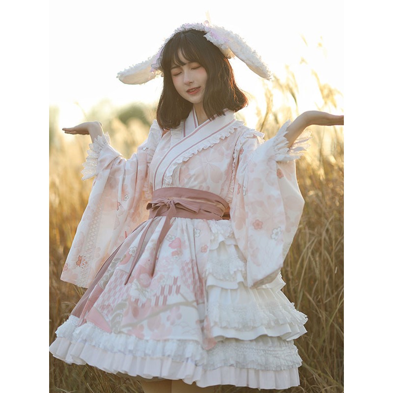 Japanese Style Lolita OP Dress Long Sleeve Floral Print Pink Bows Sweet Lolita One Piece Dresses Chinese Style Spring Summer Daily Casual