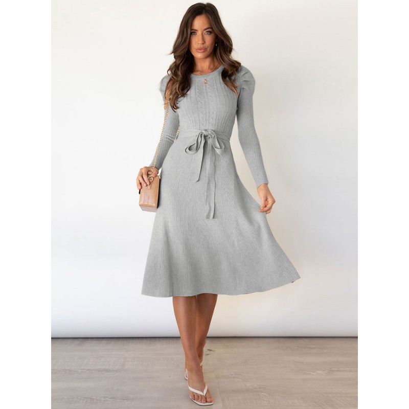 Women Birthday Knitted Dress Black Fashion Pleated Long Sleeves Stretch Jewel Neck Midi Dress Sweater Spring Fall Winter