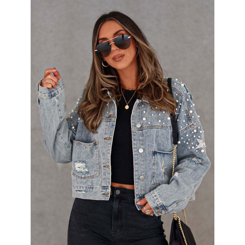 Women Pearl Studded Outerwear Denim Jacket Spring Fall Street Wear Daily Casual
