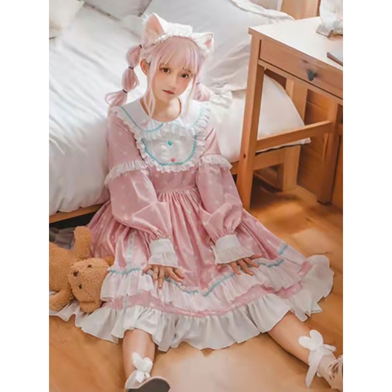 Sweet Lolita Dress Polyester Long Sleeves Ruffles Dress
