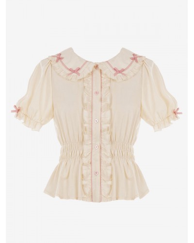 Style Lolita White Short Sleeves Lolita Top Bows Ruffles Lolita Shirt Blouses Sweet ROCOCO Daily Casual Tea Party