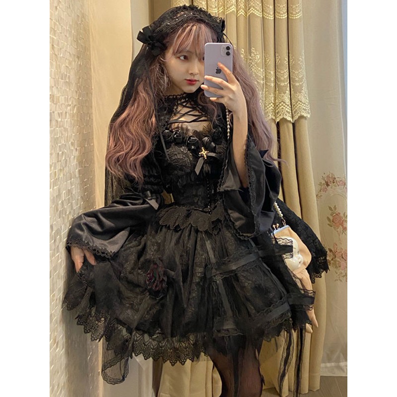 Gothic Lolita Dresses Lace Sleeveless Black Lolita Jumper Skirt