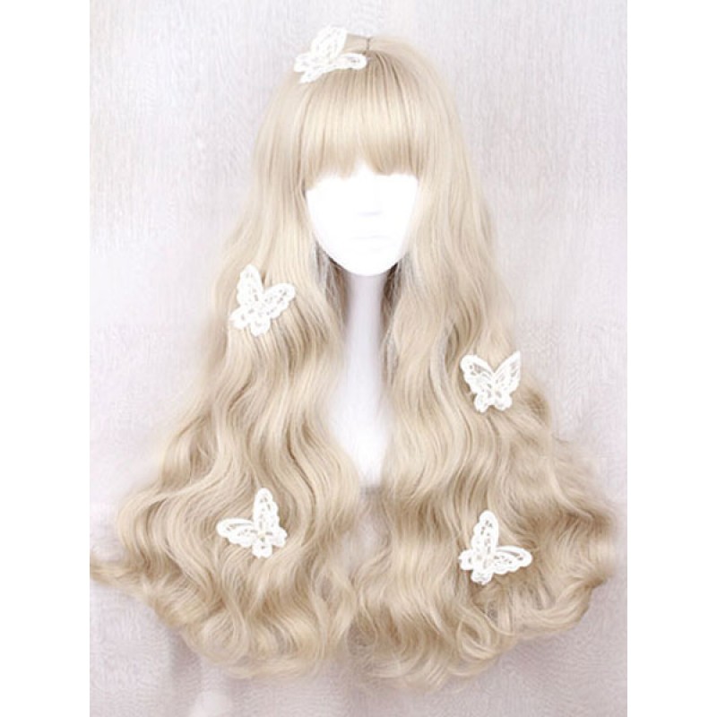 Sweet Lolita Wig Long Curly Blunt Fringe Light Brown Wigs For Lolita Harajuku Fashion