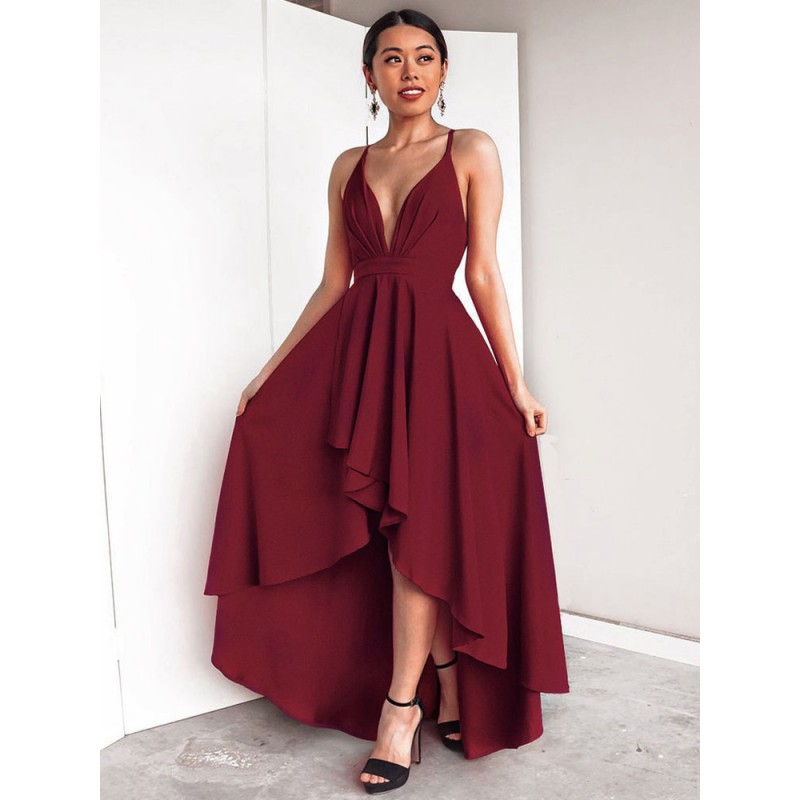 Birthday Sexy Long Dress Women Sleeveless Plunging Neck Backless High Low Burgundy Maxi Dress Elegant Ball