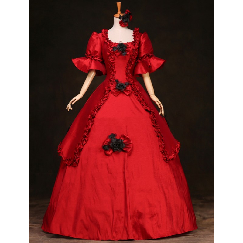 Victorian Dress Costume French Princess Ruffles Red Ball Gown Half Sleeves Victorian Era Outfits Retro Costumes Dress ROCOCO Halloween Holiday Pageant