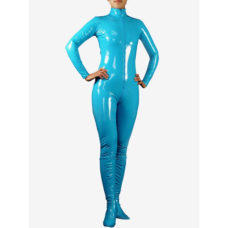 Unisex Halloween Water Blue PVC Front Open Style Shiny Metallic Catsuit Solid