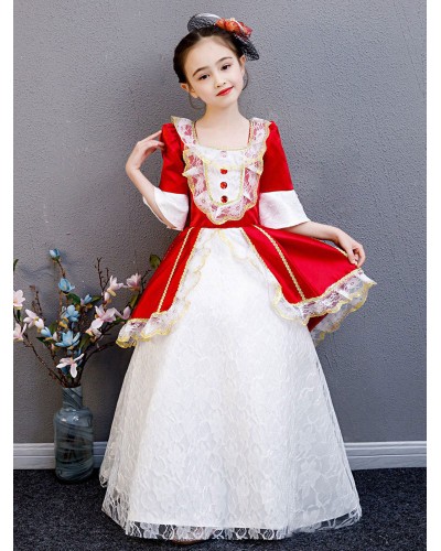Polyester Fiber Tea Party Lace 3/4 Length Sleeves Polyester Jumpsuit ROCOCO Style Red Kids' Lolita Dresses