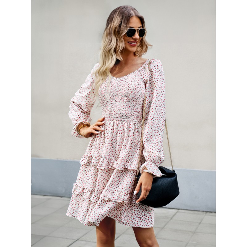 Women Floral Dress Layered V-Neck Long Sleeves Skater Dresses Bodycon Spring Summer Fall