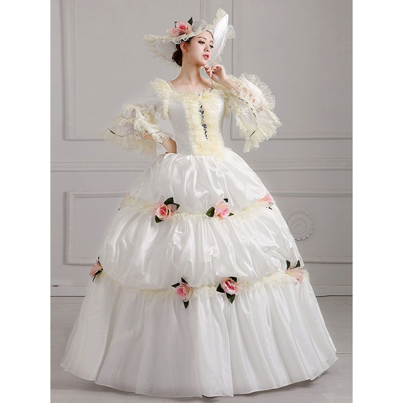 Women Ecru White Retro Costumes Flowers Polyester Dress 's Marie Antoinette Costume Clothing Tunic Vintage Euro-Style